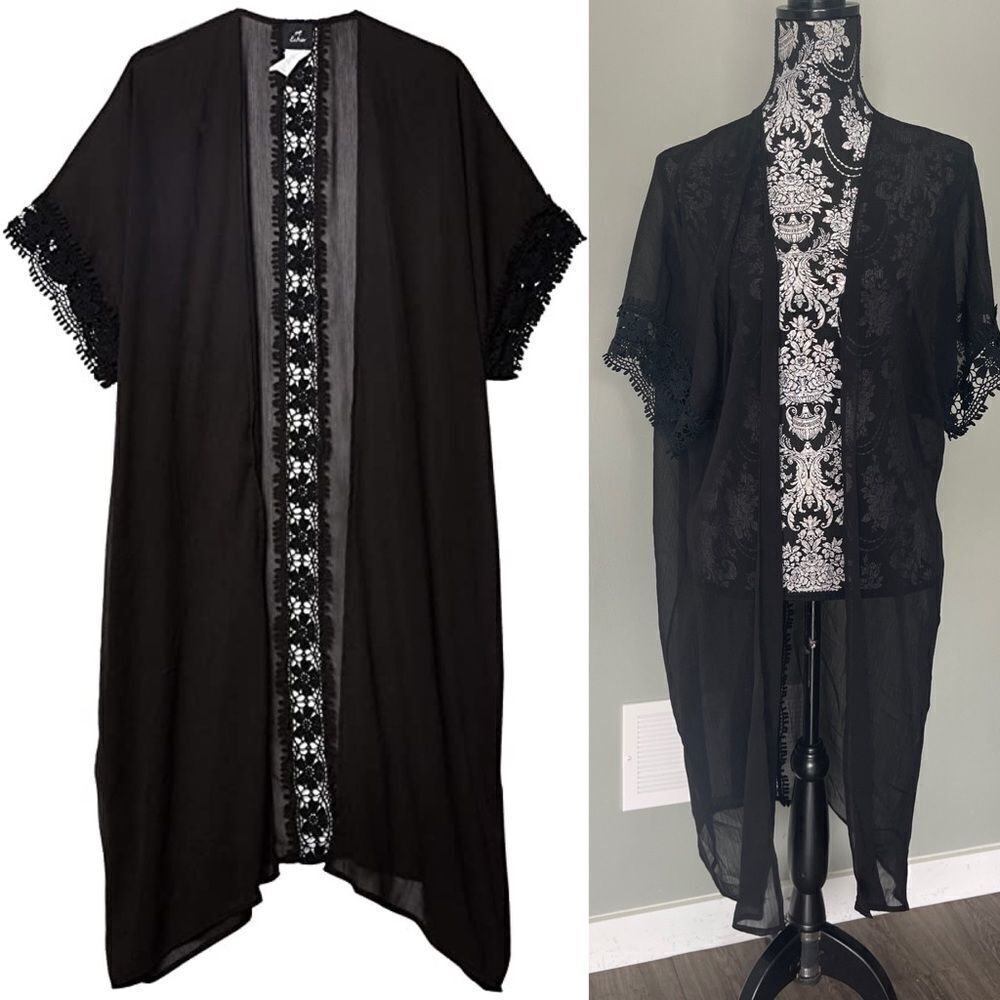 Echo New York Solid Chiffon Kimono with Lace (Black) Women's Clothing